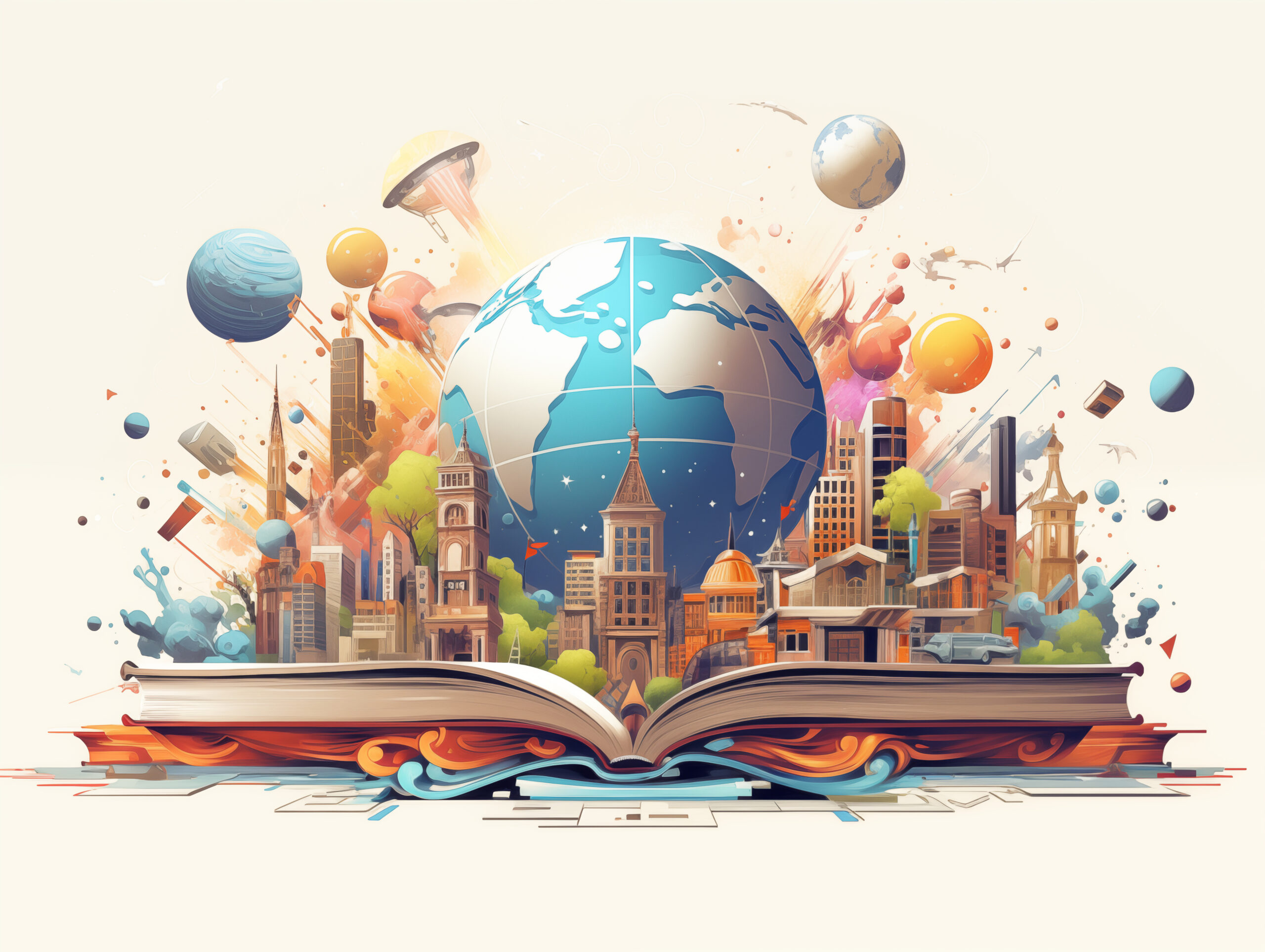 an open book with planets and shapes around it, with a globe on top, in the style of colorful cityscapes, studyplace, light beige and orange, 3840x2160, colorful cartoon, industrialization, colorful muralist --ar 118:89